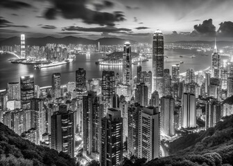 Hong Kong Victoria Harbour Night Skyline Panorama from Lugard Road, Victoria Peak - Black and White