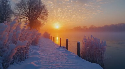 Winter sunrise over a frozen lake, a path covered with snow and orange light
