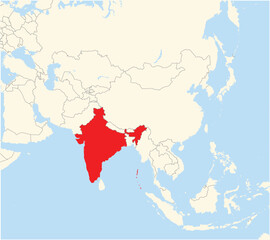 Location Map of the country India in Asia. The country is highlighted with a red polygon. No labels at all.