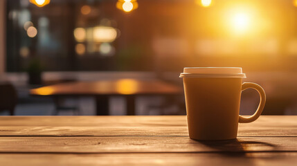 warm coffee cup on wooden table with glowing sunset background