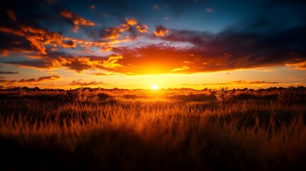 Stunning Sunset Over Lush Field with Vibrant Colors and Clouds