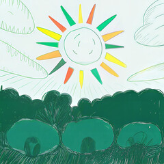 Cartoon sun with radiant beams over green hills for kids' themes