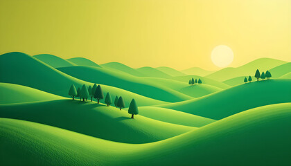 Vivid Summer Landscape with Hills, Fields, and Trees – Evoking Serenity and Seasonal Beauty