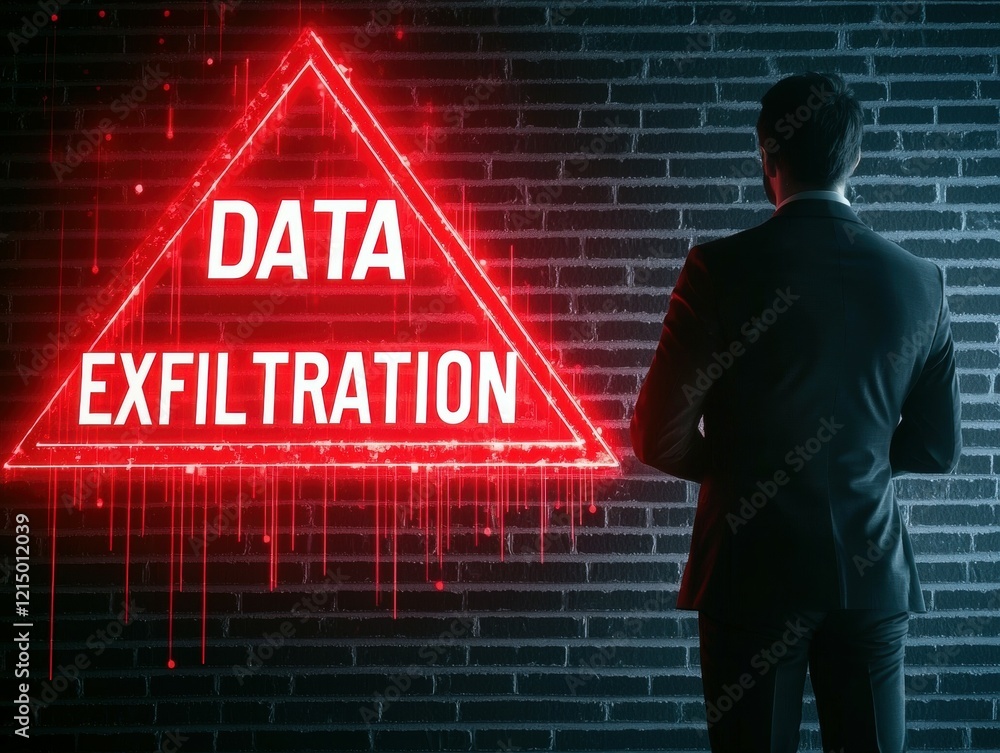 Poster a man in a suit stands before a glowing red sign warning of data exfiltration.