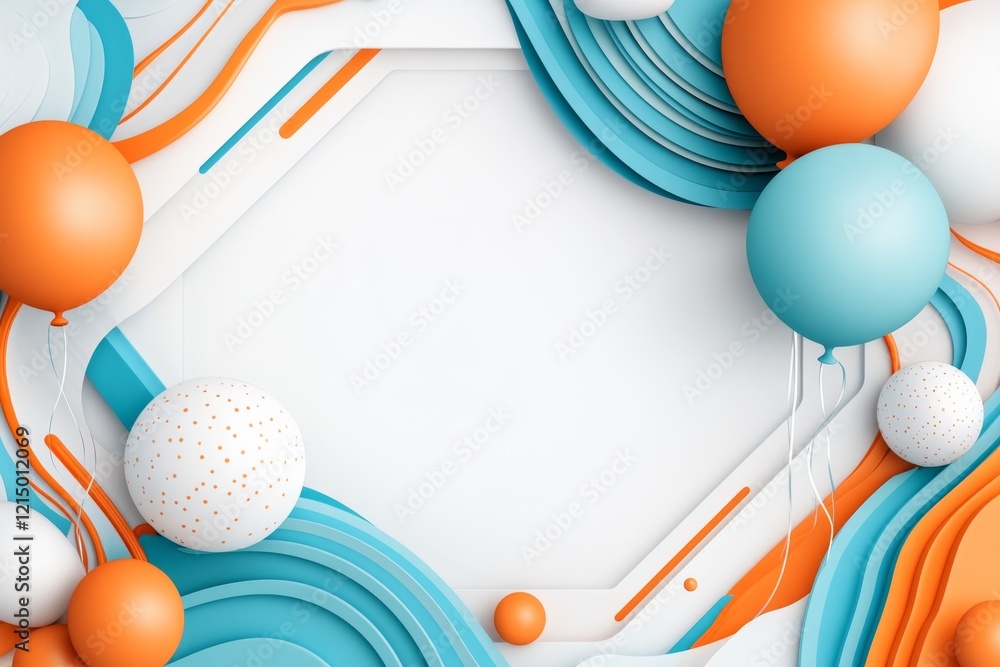 Poster a clean geometric design of a balloon floating upwards, with soft pastel colors and simple shapes