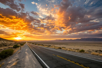 Fototapeta premium A picturesque sunset over an empty road, with vibrant colors in the sky and mountains in the distance, creating a serene and tranquil atmosphere.