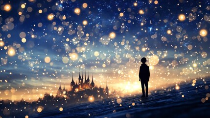 Fototapeta premium Silhouette of a Child Gazing at a Magical Winter Cityscape Under a Starlit Sky