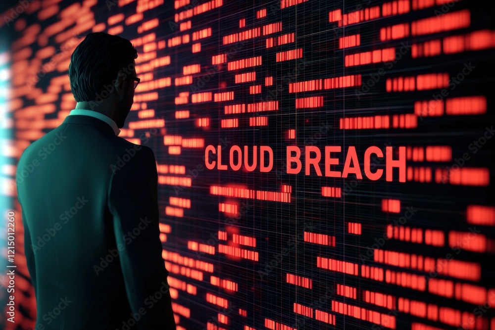 Poster a man in a suit facing a digital display of a cloud breach warning in red.