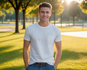 Young man wearing white t-shirt and jeans standing in the park