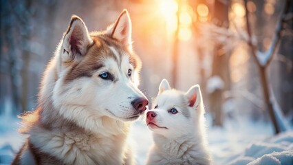 Naklejka premium Husky Mother and Puppy in Snowy Landscape - Adorable Dog Portrait
