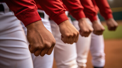 Obraz premium Baseball team unity with clenched fists, showcasing strength and determination