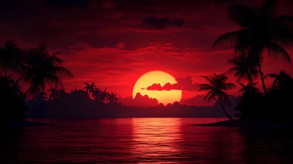 Tranquil Sunset Over Tropical Ocean with Silhouetted Palm Trees
