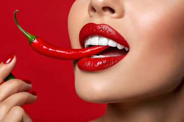 A close-up of a woman with bold red lips playfully biting a chili pepper, set against a striking red background.
