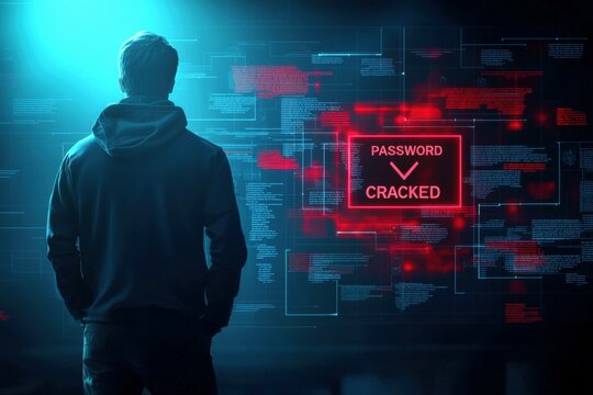 A male figure in a hoodie stands before a glowing screen displaying 'PASSWORD CRACKED'.