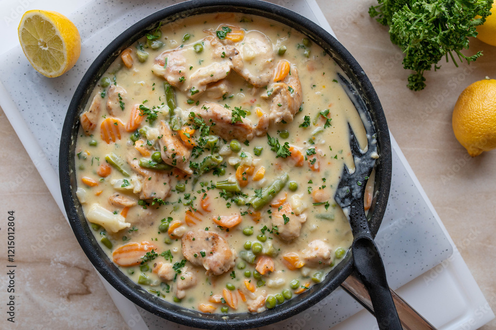 Wall mural Easy homemade one pan creamy chicken breast with vegetables in a frying pan