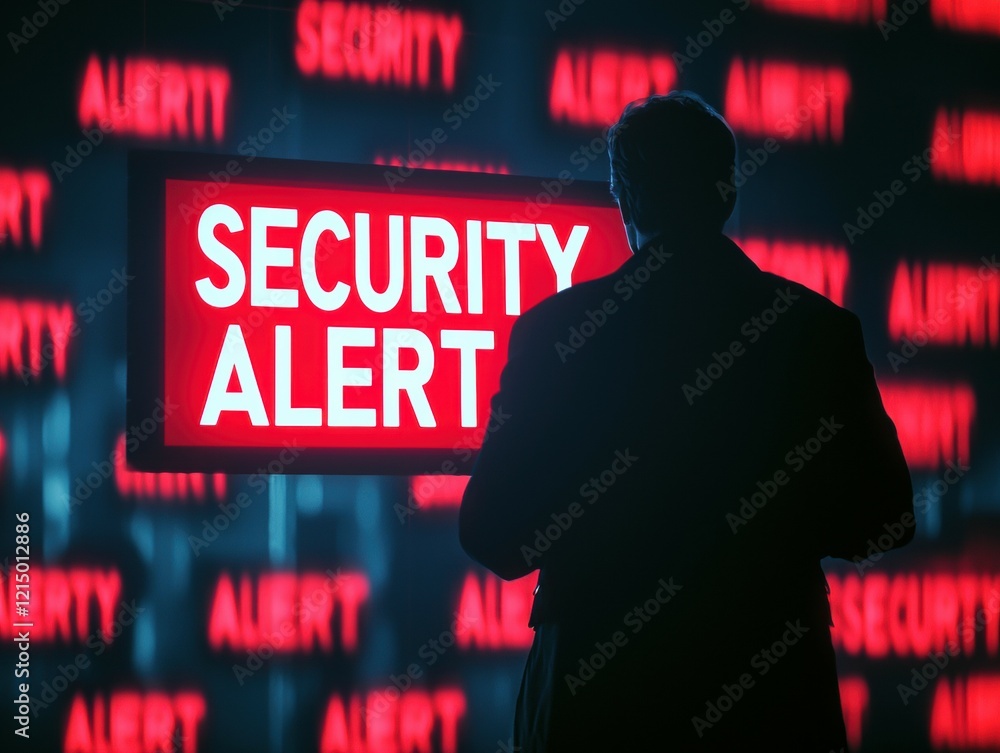 Poster silhouette of a man in front of a bright 'security alert' sign, creating a dramatic atmosphere.