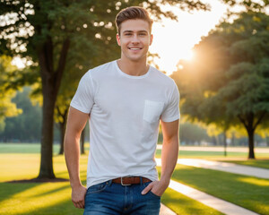 Young man wearing white t-shirt and jeans standing in the park