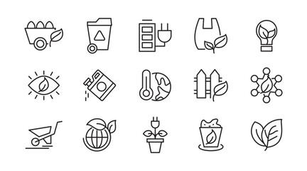 Ecology Environmental line icon set. Sustainable development, net zero, climate crisis, recycle, electric, global, warming, tsunami, acidification, melting line icon set. UI thin line icon pack.