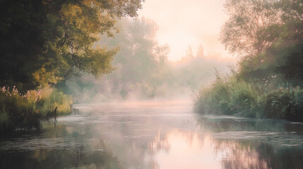 Early morning mist settles over a tranquil river surrounded by lush greenery