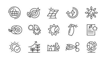 Ecology Environmental line icon set. Sustainable development, net zero, climate crisis, recycle, electric, global, warming, tsunami, acidification, melting line icon set. UI thin line icon pack.