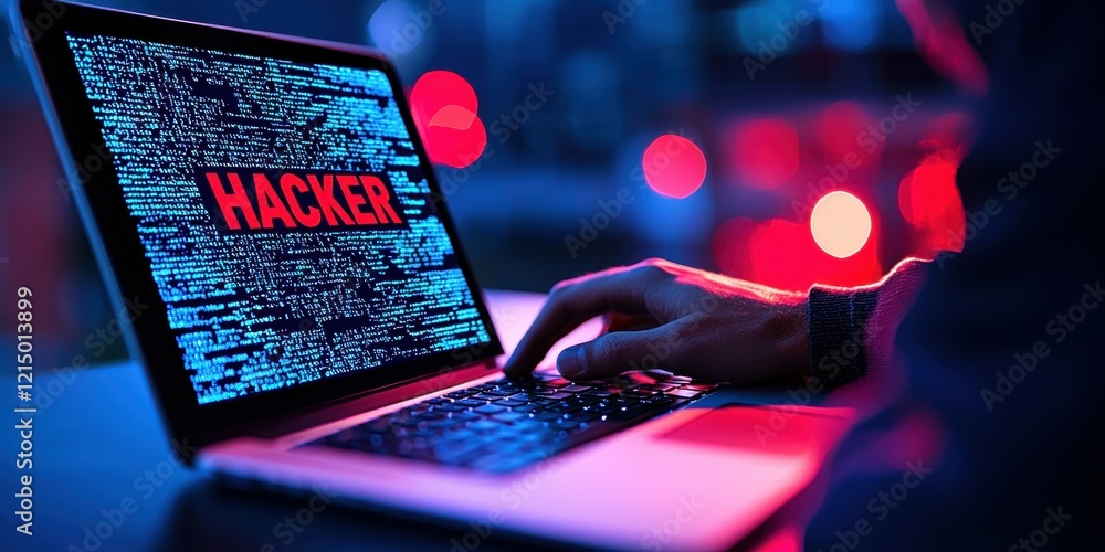 Poster close-up of a hand typing on a laptop with 'hacker' displayed in bold red text.