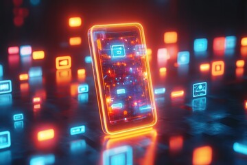 A 3D icon of a mobile phone with floating app icons around it