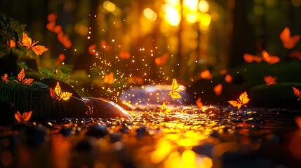 Enchanting Golden Hour with Butterflies Over Sparkling Stream