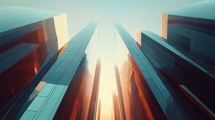 A row of sleek, towering skyscrapers with reflective glass surfaces, reaching into a bright, clear sky 