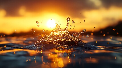 Close-Up View of Water Droplet Splash at Sunset Over Calm Lake
