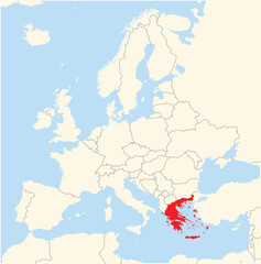 Obraz premium Location Map of the country Greece in Europe. The country is highlighted with a red polygon. No labels at all.