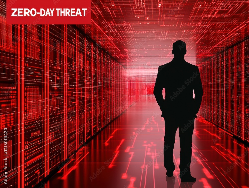 Poster silhouetted figure in a high-tech environment symbolizing cyber threats and security challenges.