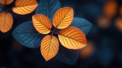 Obraz premium Close-up view of orange and dark blue leaves with textured veins and blurred background