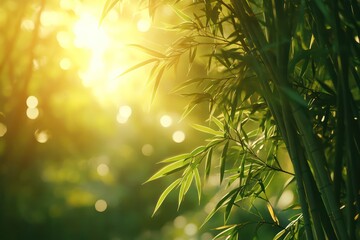 A bamboo forest with sunlight filtering through the leaves, where the dappled light creates a peaceful and serene atmosphere