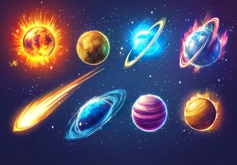 Solar system planet comet sun and star