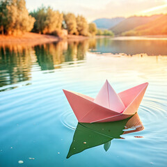 Obraz premium Paper pink boat floating on lake water for nostalgia and creative projects