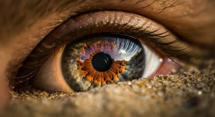 Naklejka premium Close-up of a mesmerizing eye reflecting vibrant colors and textures dipping in sand