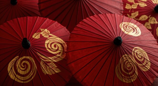 Red Chinese umbrellas with intricate golden designs, showcasing traditional craftsmanship