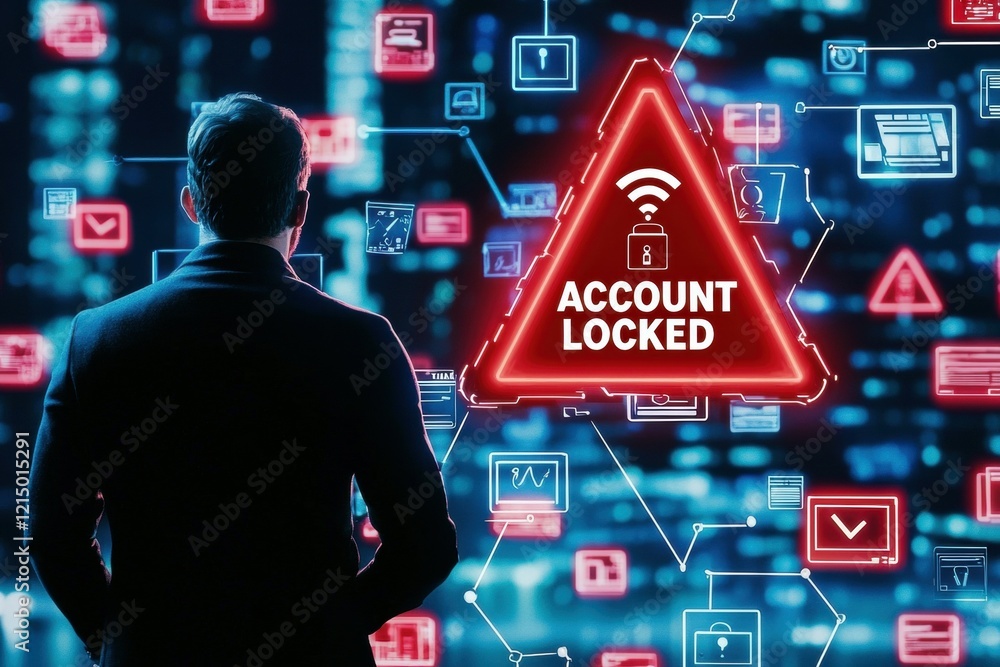Poster a man in a suit looks at a digital screen displaying 'account locked' in a high-tech environment.