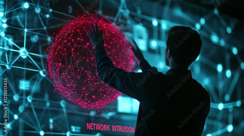 Poster a man analyzing network intrusion data with a holographic globe projection.
