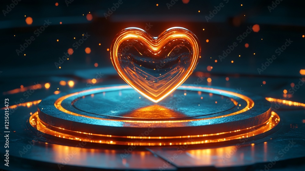 Poster glowing heart symbol on a futuristic metallic platform with bokeh light effect