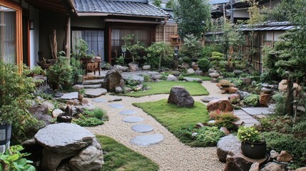 Obraz premium Japanese Garden with Stone Pathway and Lush Greenery