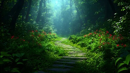 Fototapeta premium Lush Green Forest Pathway with Vibrant Flowers and Soft Light