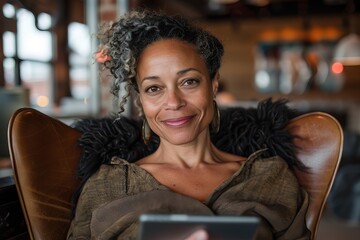 A middle-aged Black woman with curly hair sits comfortably in a cozy café, smiling as she holds a tablet, radiating warmth and confidence. female company executive