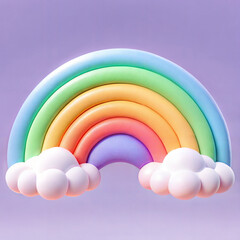 3D rainbow with clouds on a lilac background for children's decor and playful designs