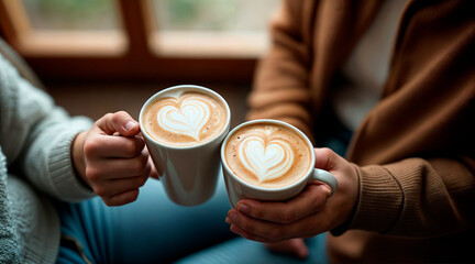 Couple is sitting in a restaurant holding coffee in their hands. High quality photo
