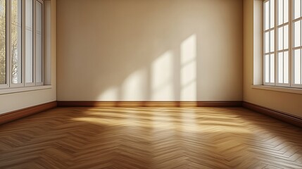 Obraz premium Empty beige room with wooden herringbone flooring. Sunlight streams in through windows creating shadows on wall, floor. Modern interior design. Great for home decor interior design projects.