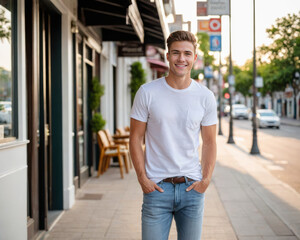 Young man wearing white t-shirt and jeans standing on the street