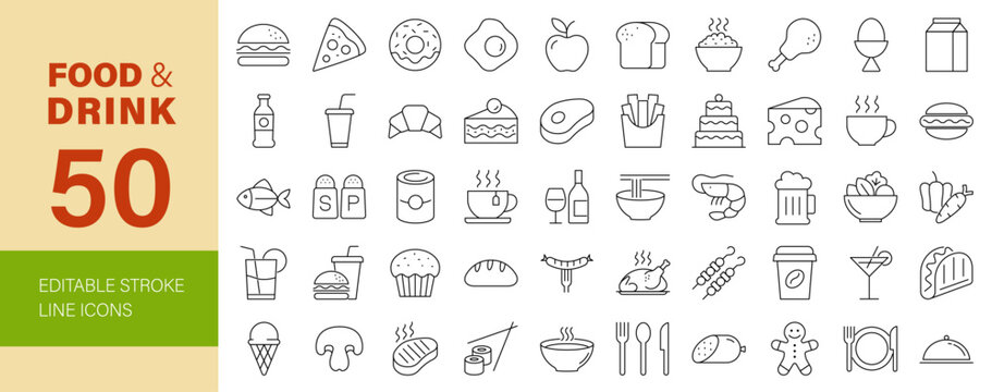Food and Drink Line Editable Icons set. Vector illustration in thin line style of nutrition related icons: fast food, burger, pizza, vegetables, coffee, desserts, meat, restaurant menu, and more.
