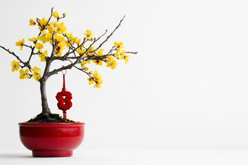 Yellow apricot blossom bonsai for Chinese New Year, with a red flower pot decorated with a Chinese knot and lantern on a white background. 