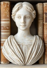 Obraz premium 3D Clay Sculpture of a Bust Surrounded by Vintage Books on a Shelf
